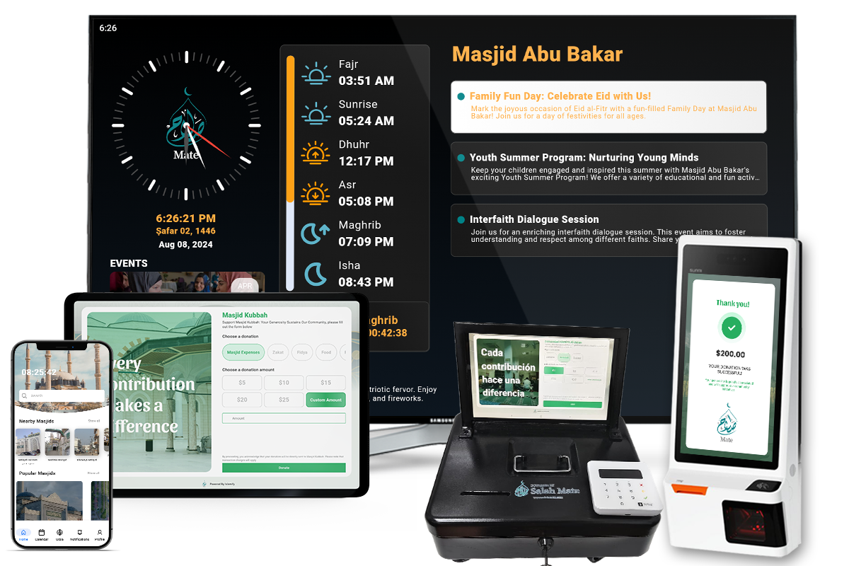 Free mosque TV display showing prayer times and QR donation code – Salah Mate